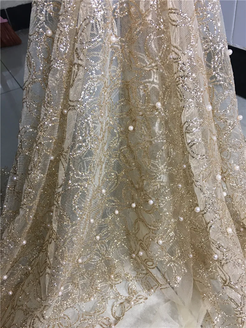 

round design fashion glued glitter lace fabric H-1965 for evening dress on sale gold mesh material with pearls for party dress