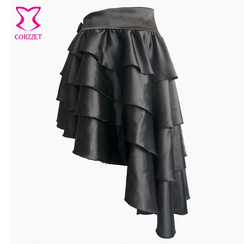 Victorian Black Ruffle Satin Layered Asymmetical Gothic Skirt Women Skirts With Bow Matching Steampunk Corsets and Bustiers