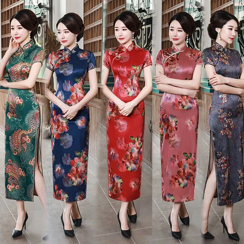 

New Summer Printed Long Cheongsam Chinese Wedding Dress Traditional Qipao Dress Mandarin Collar Party Costume M-4XL
