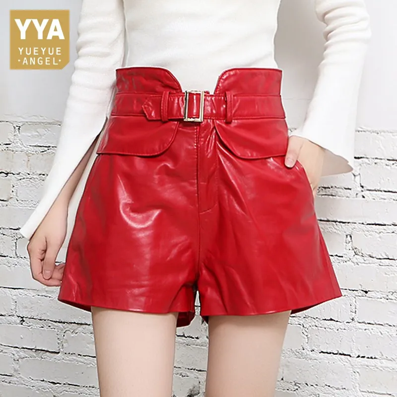 High Waist Genuine Leather Shorts Femme Design Slim Sheepskin Wide Leg Short Pants New Street Red Black Ladies Sexy Shorts