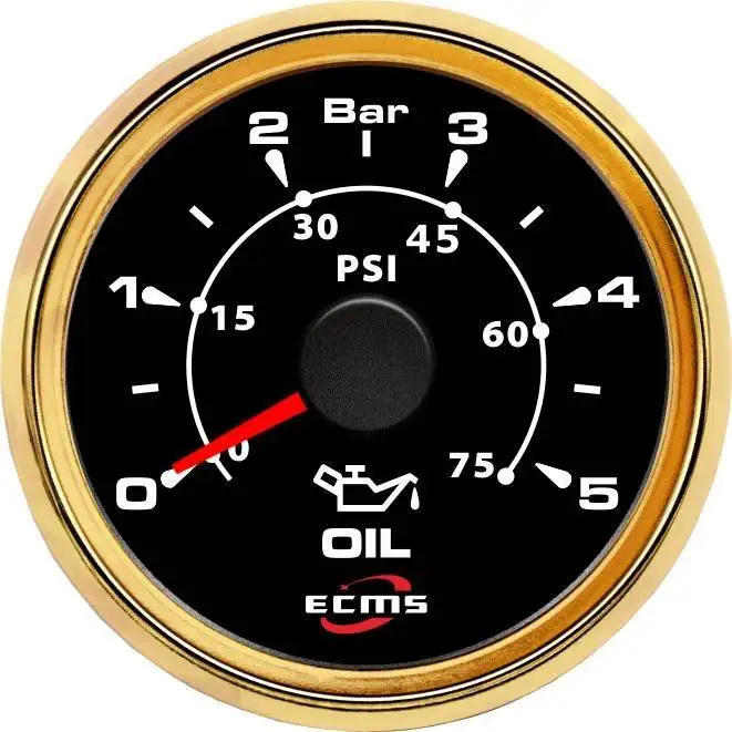 Marine Boat Yacht Automotive Pressure Gauge 0-5 Bar 9-32V 10-184 OHMS 52mm 2 Inch 316L Gold Bezel Black Dial 802-00028