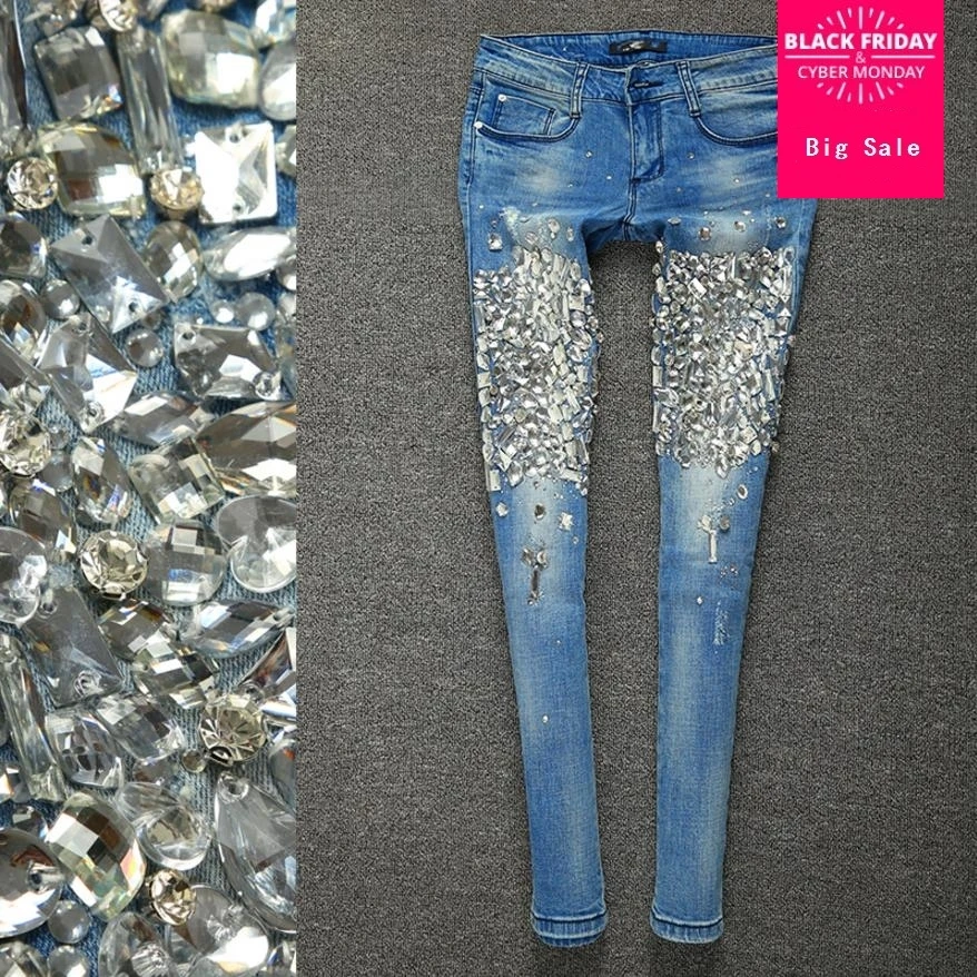 Pantalones vaqueros ajustados con cuentas de diamantes para mujer, pantalón largo hasta el tobillo, bordado, L581