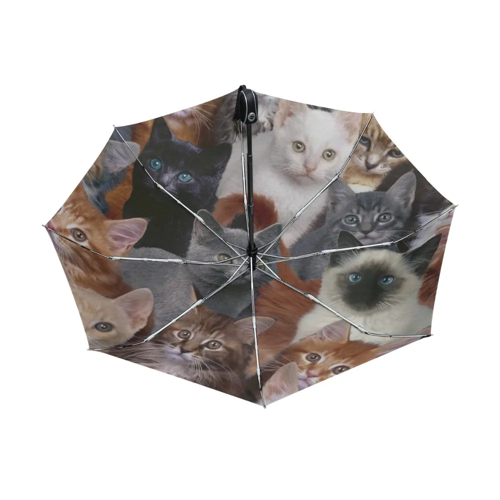 Hot Selling 3 Folding Women\'s Automatic Umbrella Pongee Anti-UV Cat Family Print Sun Protection Umbrella Male Rain Parasol