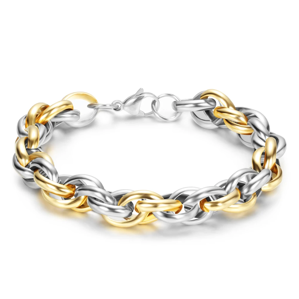 Gold Color Stainless Steel Bracelet Cool Rock Style New 22cm 9MM Thick Chain Link Bracelet Men Jewelry Wholesale