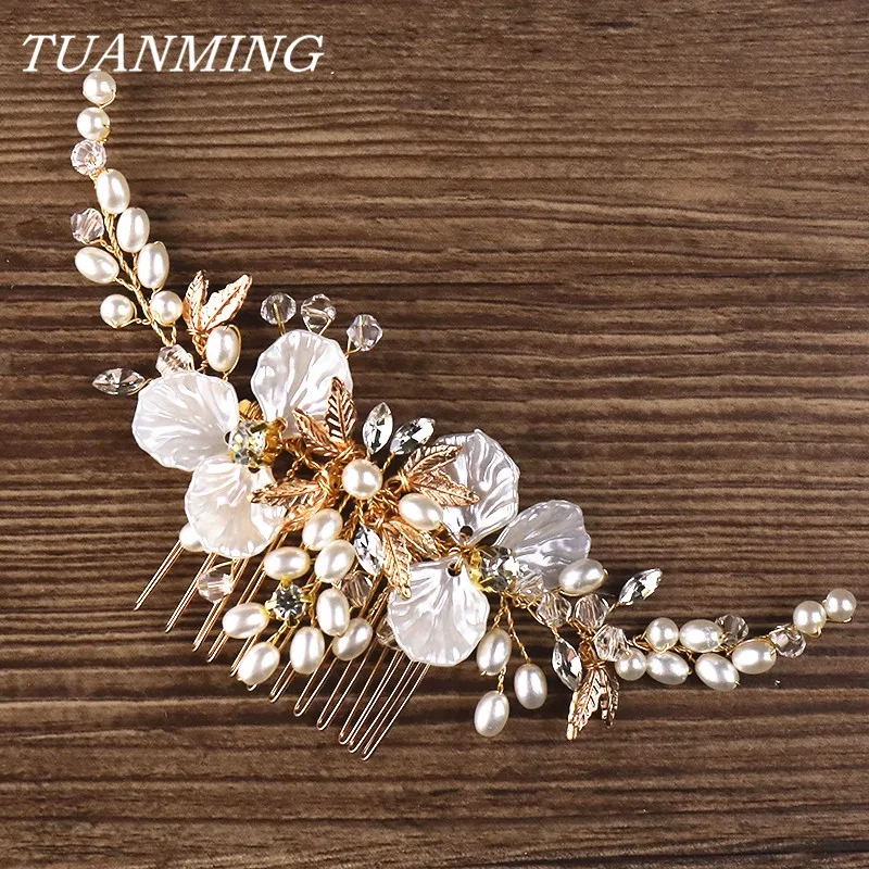 

Floral Wedding Hair Comb Bride Headdress Golden Pearl Hair Combs Bridal Hair Accessories Hair Combs Jewelry