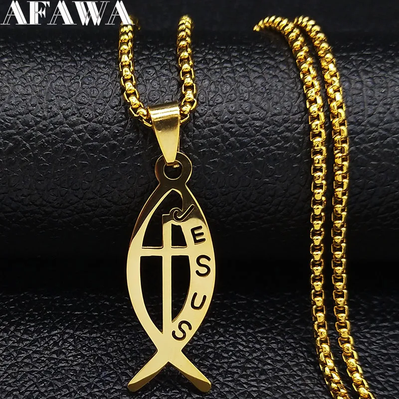 Ichthys Jesus Fish Cross Christ God Pendant Necklace for Women Men Stainless Steel Gold Color Christian Chain Jewelry N1482S02