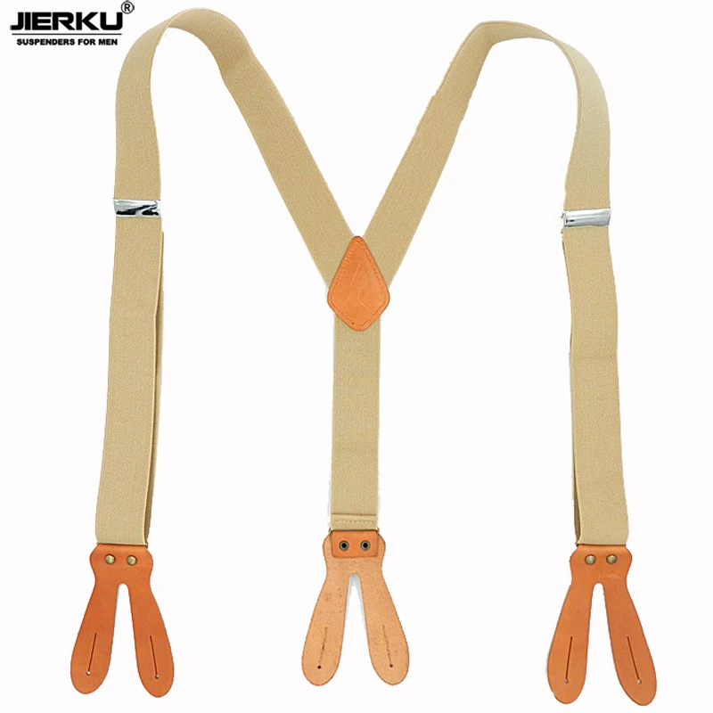 

JIERKU Genuine Leather Suspenders Buttons Braces Button Hole Suspensorio Trousers Strap Father/Husband's Gift 3.5*120cm