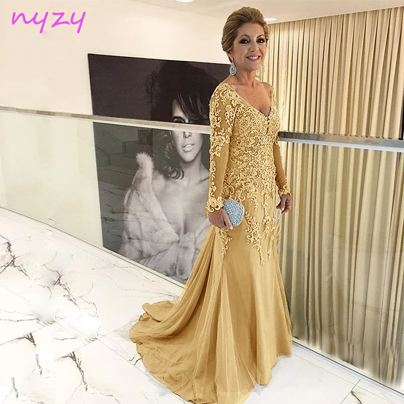 NYZY-Vestido largo de tul para mujer, traje de noche Formal de encaje con manga larga y cuello en V, color rosa perla, M55J, 2019