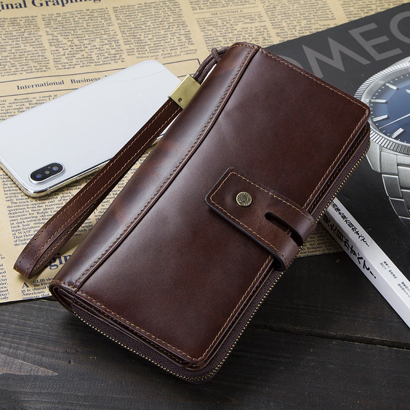 Men Clutch Wallets Casual Genuine Leather Long Wallet Zipper Coin Purse With Card Holder Large Capacity For Cell phones Engraved