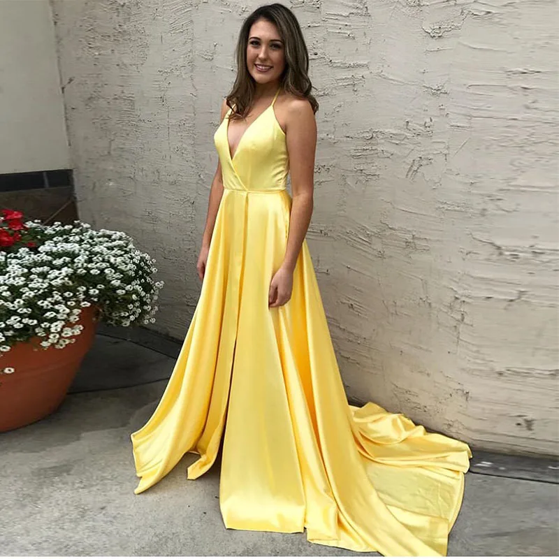 

Sexy A Line Halter Neck Yellow Satin Elegant Prom Dresses 2019 Spaghetti Strap Floor Length Prom Dress With Chapel Train