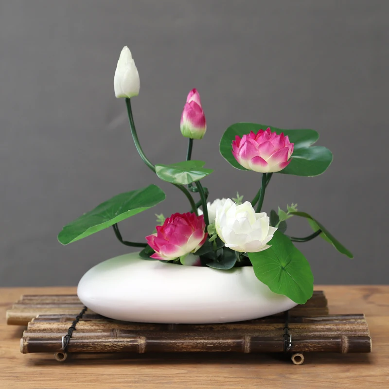 New Chinese  Ceramic Vase+Simulation Lotus Flower Floral Ornaments Crafts Modern Hotel Home Fake Flower Pot Figurines Decoration