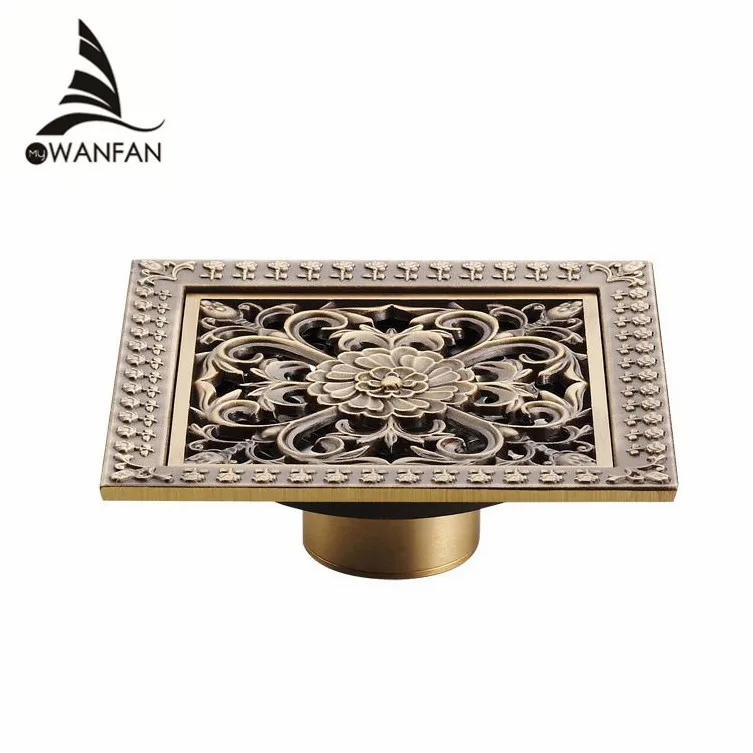 Shower Drains 12*12cm Square Bath Drains Strainer Hair Antique Brass Art Carved Bathroom Floor Drain Waste Grate Drain HJ-8701T