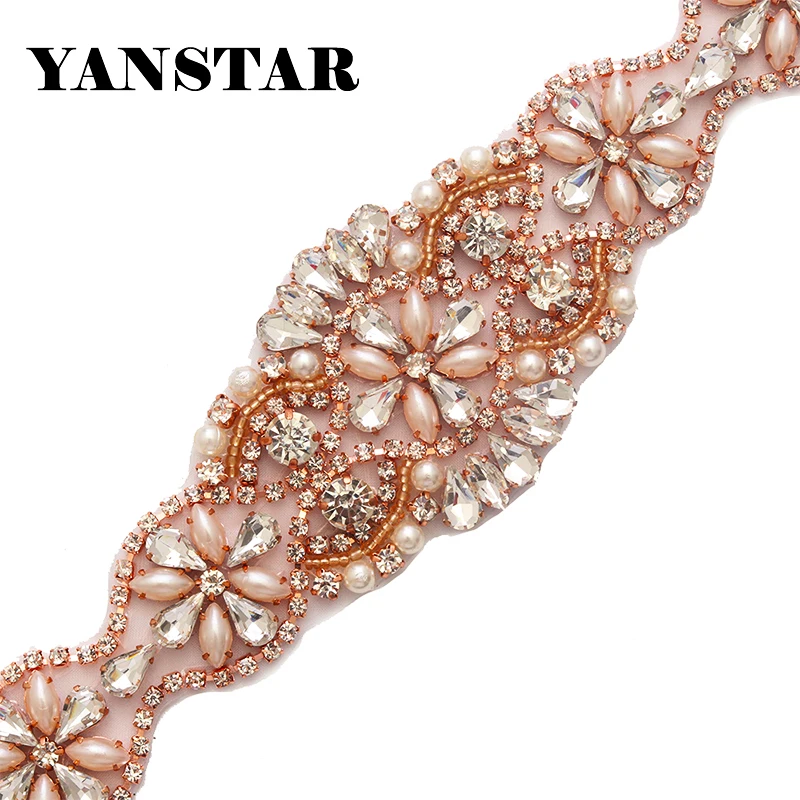 YANSTAR (5 pcs) Wholesale  Beaded Rhinestones Appliques For Bridal  Sash Clear Rose Gold Clear For Bridal Belt YS831