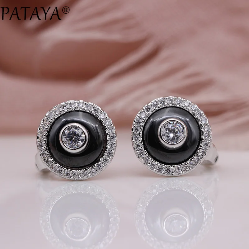 PATAYA New Promotion White Gold Color Ceramics Dangle Earrings Natural Zircon Women Wedding Fashion Jewelry Round Unique Earring