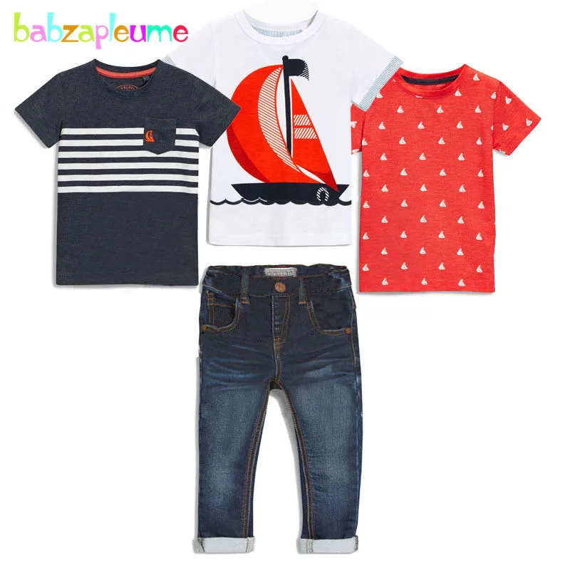 4Piece Sets Spring Summer Baby Boys Clothes Casual Fashion Print Short Sleeve Kids Tops+Jeans Children Boutique Clothing BC1240