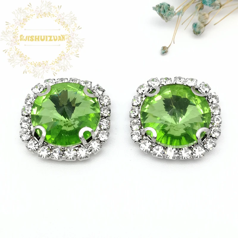 Shiny Light Green Round Shape Glass Crystal Sew On Rhinestones Gold/Silver Bottom With Crystal Buckle Diy Wedding Dresss