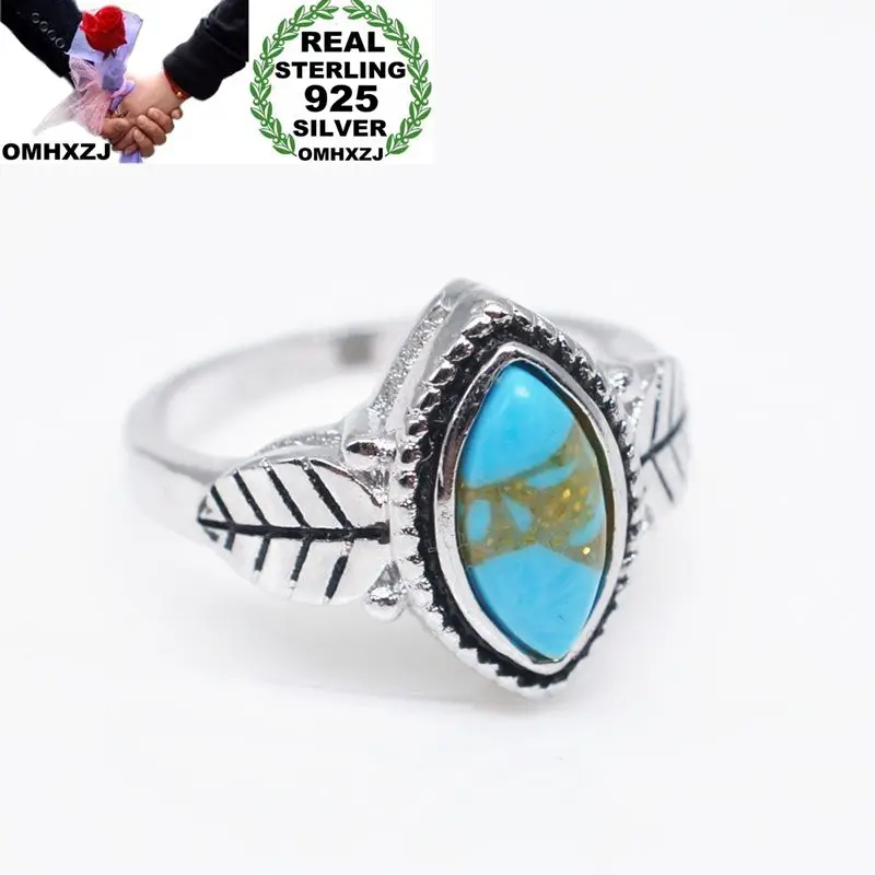 OMHXZJ Wholesale European Fashion Woman Man Party Wedding Gift Black Leaves Green Turquoise 925 Sterling Silver Ring RR189