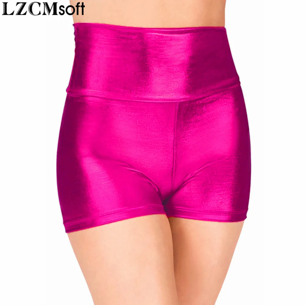 LZCMsoft pantalones cortos de baile de cintura alta fucsia para adultos, pantalones cortos sexis con aspecto húmedo, pantalones cortos ajustados para actuación en escenario, calzoncillos metálicos