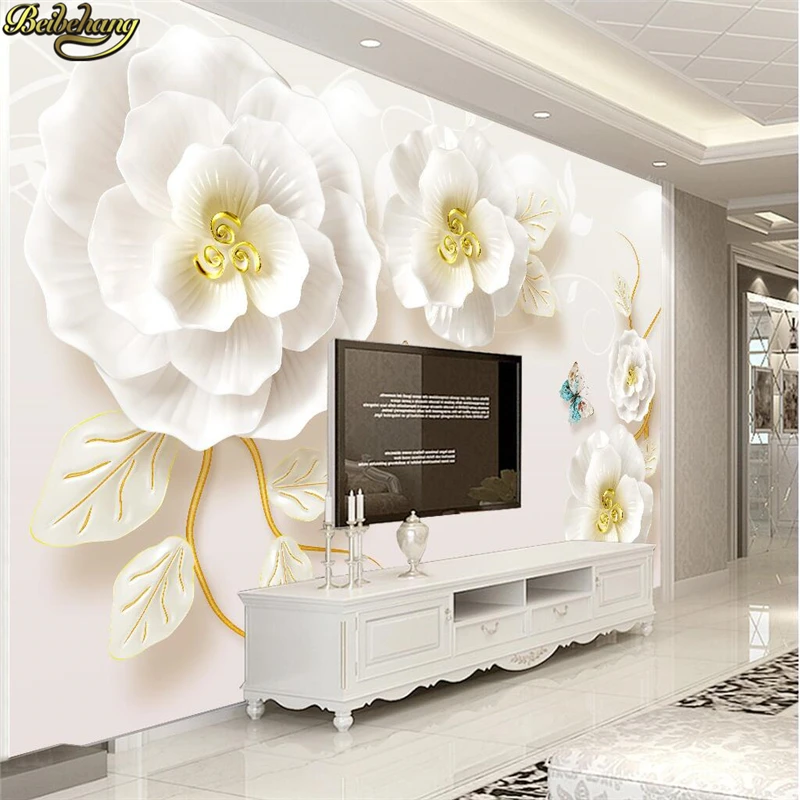 beibehang Custom Photo 3D Wallpaper for living room Stereo concave-convex Embossed jewelry roses jade carvings TV wall murals