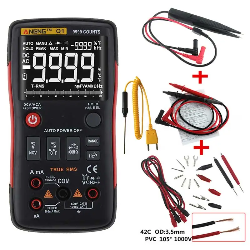 Q1 True-RMS Digital Multimeter Auto 9999 Counts With  AC/DC Voltage Ammeter Current Ohm Transistor Tester Power Meter Test