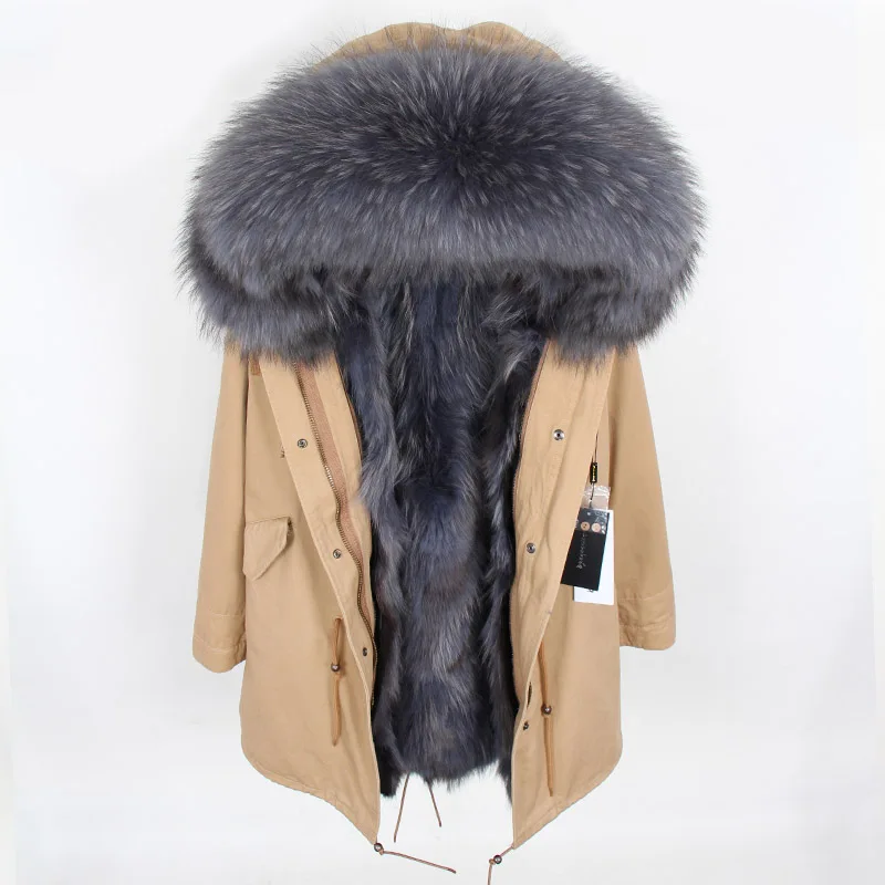 MAOMAOKONG-abrigo de invierno con Cuello de piel de mapache Natural para mujer, chaqueta ajustada, Parkas, ropa femenina