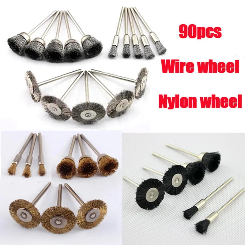 

90ps mini rotray stainless steel wire brushes wheel set small round brass wire brush drill nylon dremel abrasive grinding tools