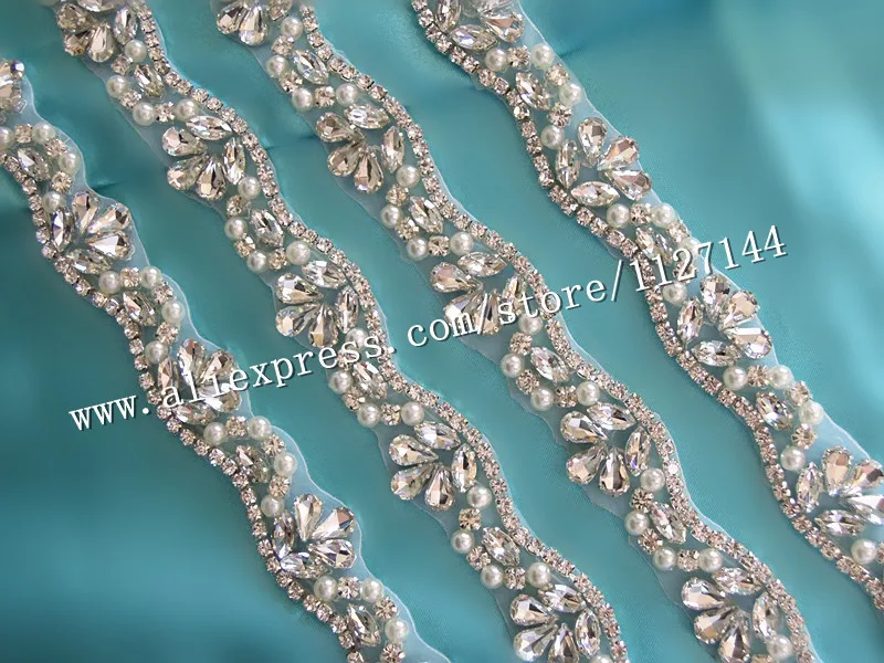 (10 yards) Wholesale hand sewing bridal beaded silver crystal rhinestone pearl applique trim for wedding dress sash belt WDD0405