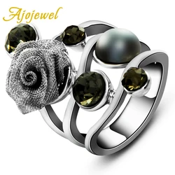 Ajojewel Vintage Lace Flower & Black Pearl Rings For Women Jewellery High Quality Aneis Femininos