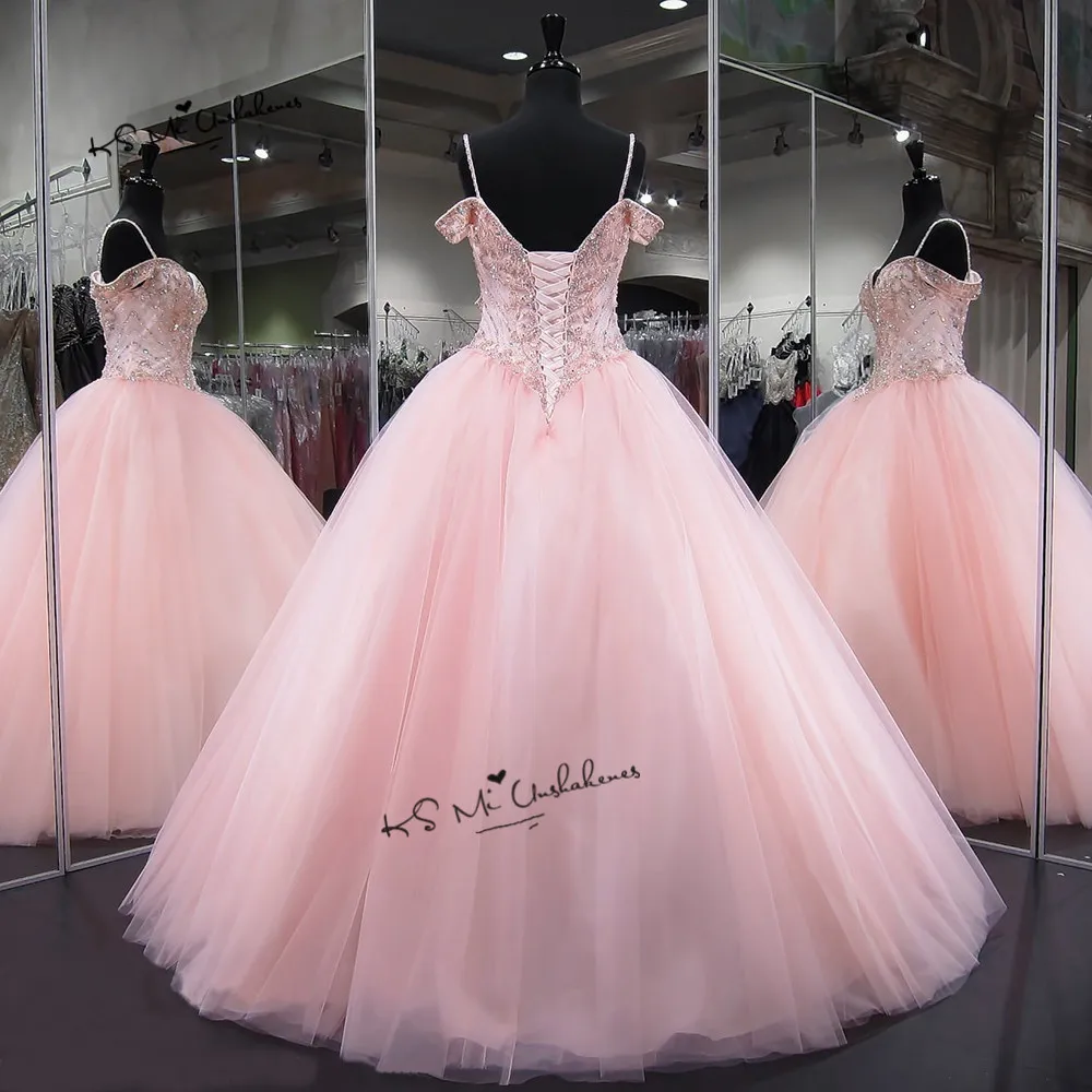 สีชมพูหรูหรา Ball ชุด Quinceanera ชุด2018 Plus ขนาดเซ็กซี่ชุดราตรีลูกปัด Vestidos De Debutante Gowns Ballkleid