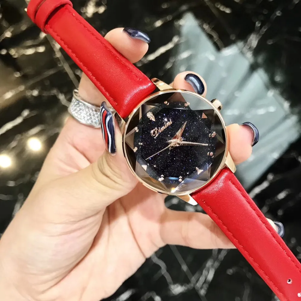 Tempting Red Watches for Women Party Dress Wrist watch Quartz Waterproof Real Leather Strap Watch Multi Cutted Six Star Crystal