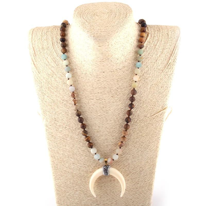 Fashion Bohemian Tribal Jewelry Multi Stone Knotted Ox Horn Moon Pendant Necklace For Women