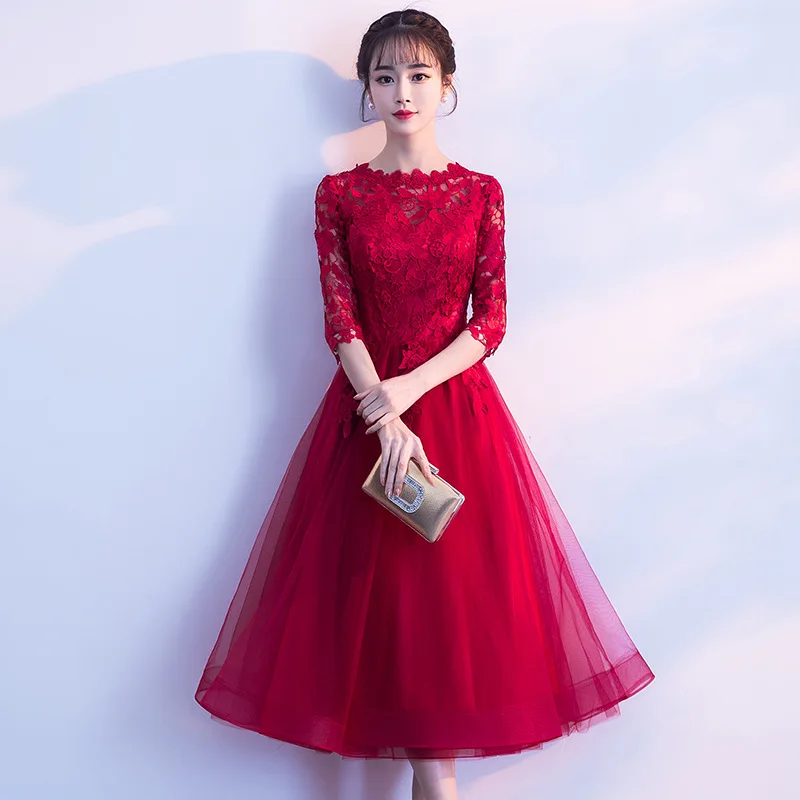 Banquet Bridesmaid Dresses 2019 New Fashion Elegant Wedding Party Dresses Black Half Sleeve Illusion O-neck Knee Length