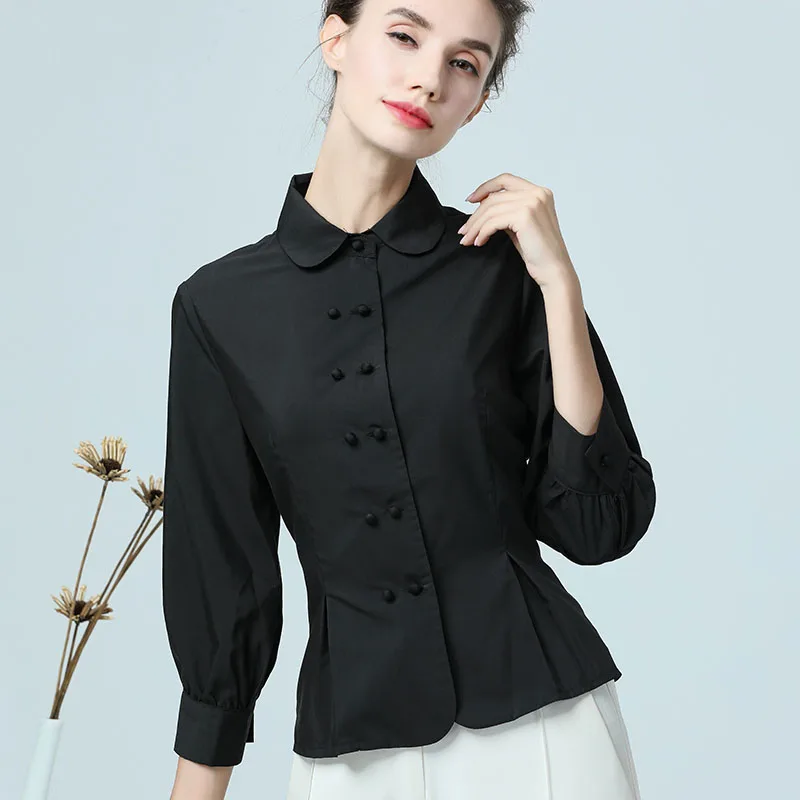 Luxury Vintage England Style Slim Women Shirt 7/10 Sleeve Turn-down Peplum Tops Elegant Mature Ladies Street Office wear Shirts