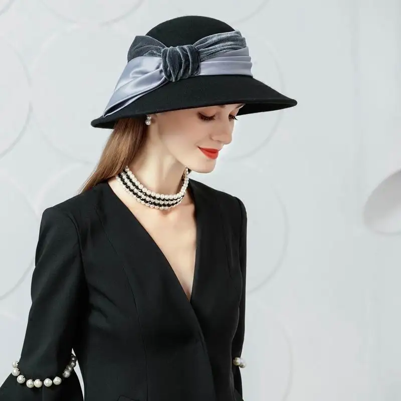 Women Large Wide Brim Felt Bowler Fedora Black 100% Australia Wool Vintage Hats Women Winter Cloche Church Hats Sombreros Mujer