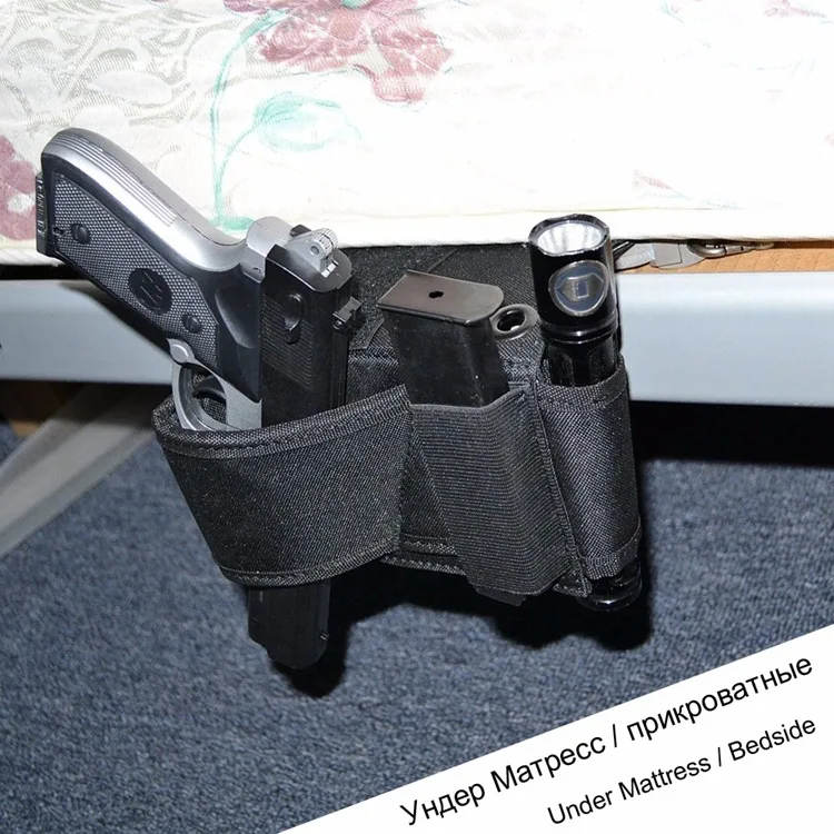 Adjustable Under Mattress Bedside Pistol Holster Car Seat Desk Closet Gun Handgun Holster with Flashlight Loop Magazine Holder