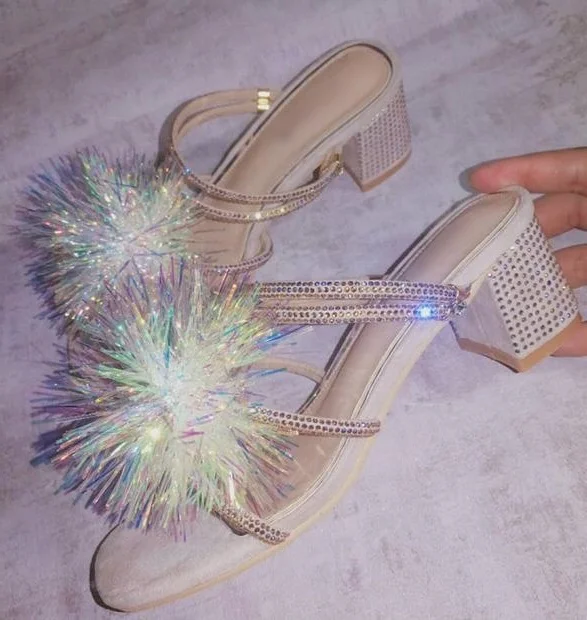 Sweet Bling Bling Crystal Embellished Strap Sandals Shoes Low Square Heels Glitter Pom Pom Decor Women Sandals Leisure Outside