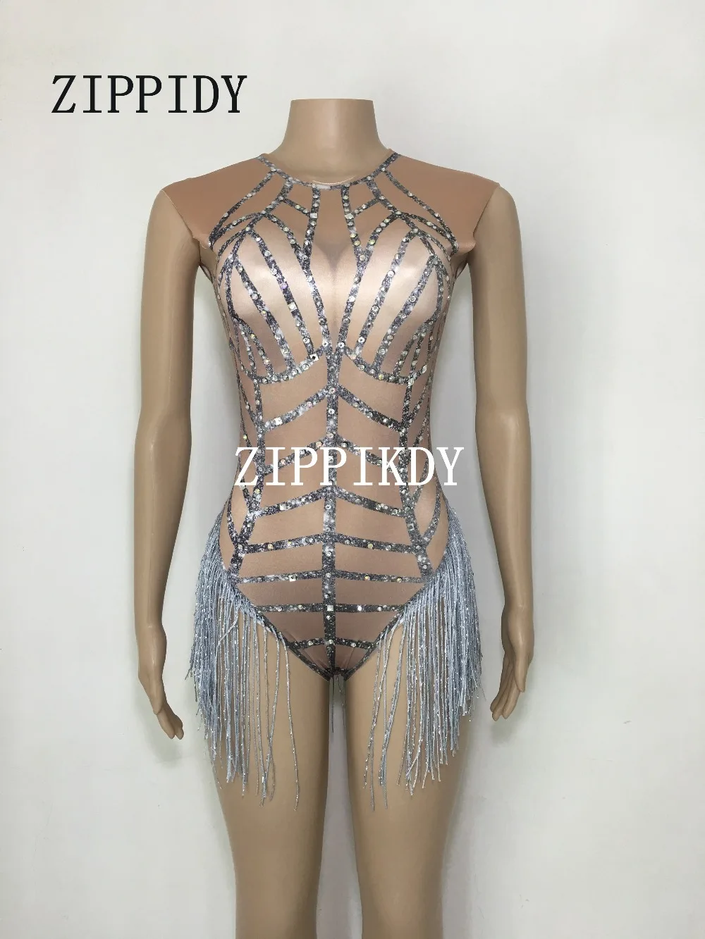 3 สีพู่ Rhinestones Bodysuit ผู้หญิงเครื่องแต่งกายหญิง Singer Dance Party สวมใส่ไนท์คลับเซ็กซี่ Bodysuits