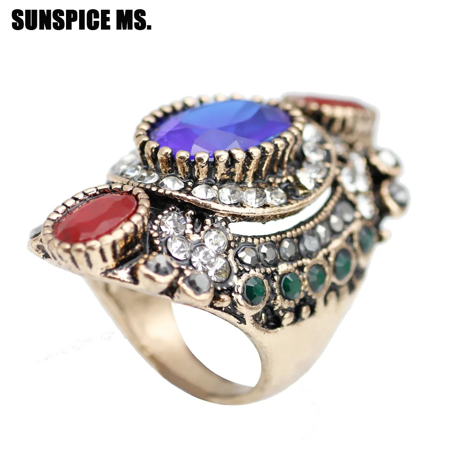 Ethnic Turkey Jewellery Vintage Wedding Rings For Women Color Antique Gold Unique Punk Rock Crystal Resin Ring Gift