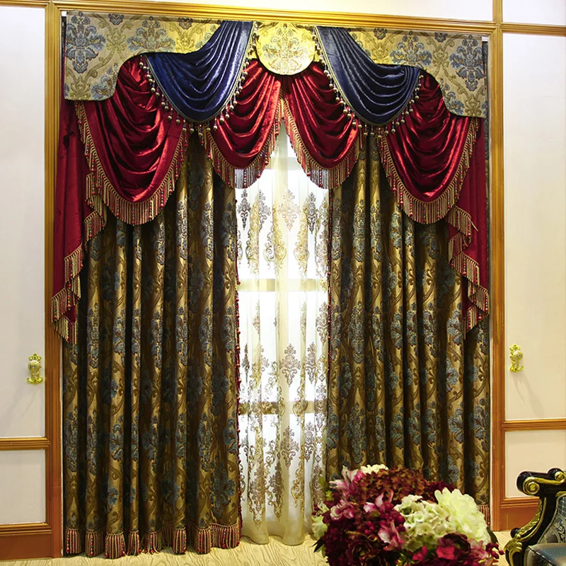 Red Blue Tent Embroidery Golden and blue flowers on Beige curtains for hotel Hall Curtain Classic elegant Living Room Curtains