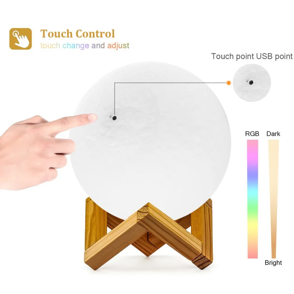 USB 충전 야간 조명 LED 터치 조도 조절 가능 2/16 색상 변경 침대 옆 램프, 3D 프린트 달 램프, 루미나리아