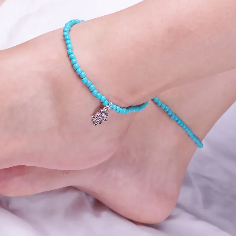 Simple Blue or White Beads Belt Anklet with Hand Pendant for Women  Gift