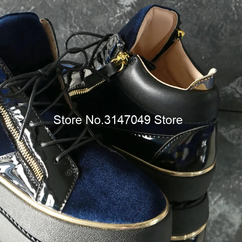 Lace Up Men Patent Shoe Mixed Colors Sneakers Gold Bordered Casual Shoes Height Increasing Shoes Men Blue Thick Sole Trainers 46