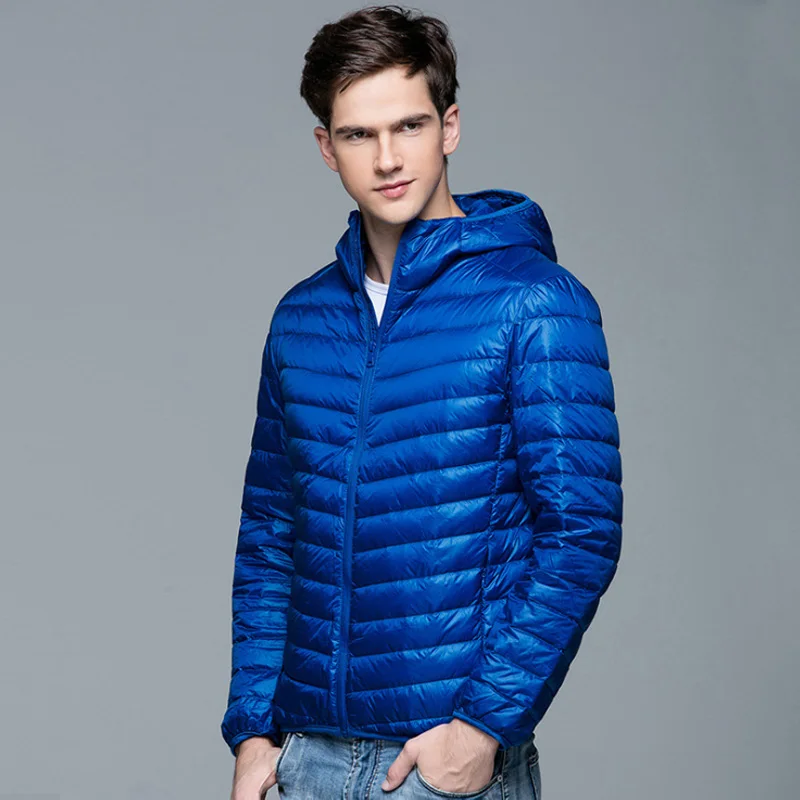 0-10 ℃ Mężczyźni Płaszcz zimowy Moda Kurtki puchowe z kapturem Ultralekki puchowy płaszcz puchowy Przenośne smukłe parki z wypełnieniem z piór 5XL