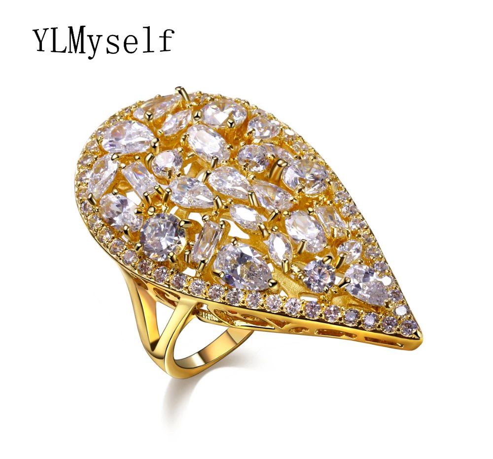 High quality long water drop shape ring Gold color jewelry chinese market online with zirconia crystal joias women big rings