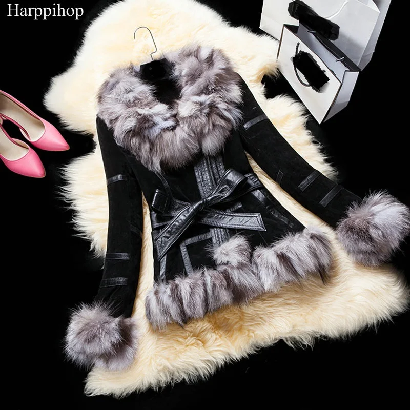 harppihop jacket Winter Lady pig Leather Coat Jackets with big Fox Fur collar Outerwear Coats Warm Overcoats Female Fur jacket