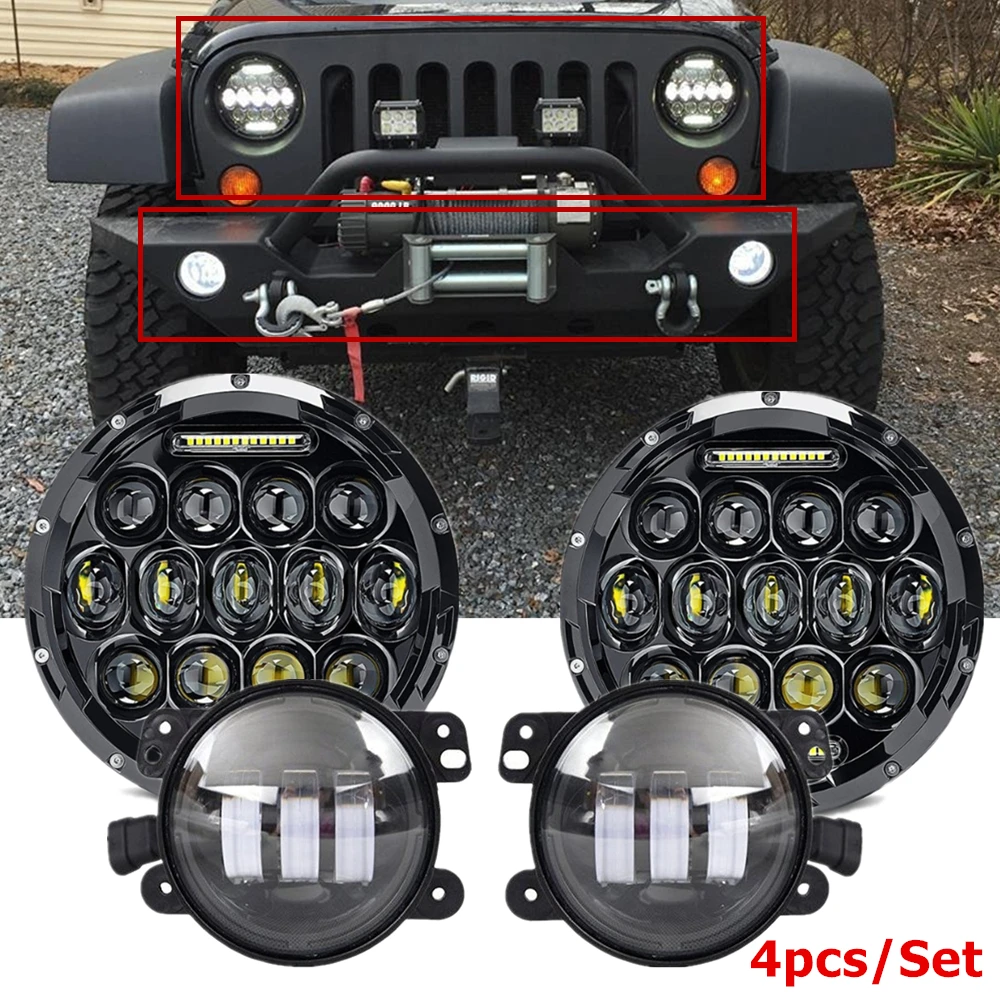 

For Jeep JK Wrangler Accessories 7Inch 75W Led Headlight White DRL With 4 Inch Front Bumper Fog Lights for Jeep JK JKU 2007-2017