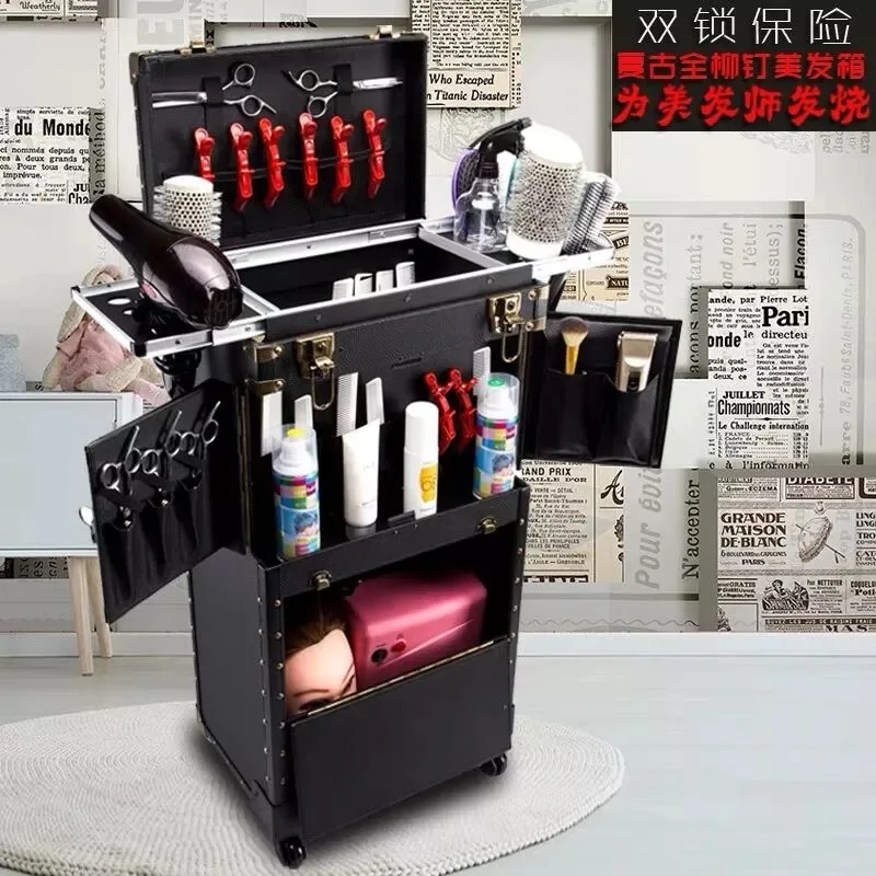 Hairdressing Toolbox Large Luggage Hair Stylist Special Trolley Personality Retro Scissors Box Stylist Cosmetic Makeup Case