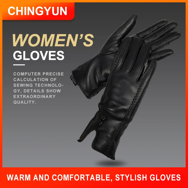 CHING YUN 2019 New Women Genuine Leather Gloves Winter Autumn Ladies Fashion Brand Sheepskin Thicken  Warm Leather gloves women