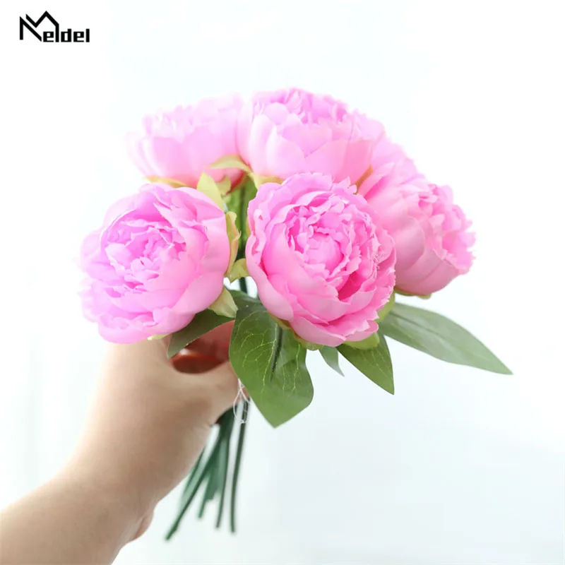 Meldel Bridal Wedding Boeket Kunstzijde Rose Peony 7 Heads Bloem Roze Bruidsmeisje Boeket DIY Party Prom Bruiloft Benodigdheden