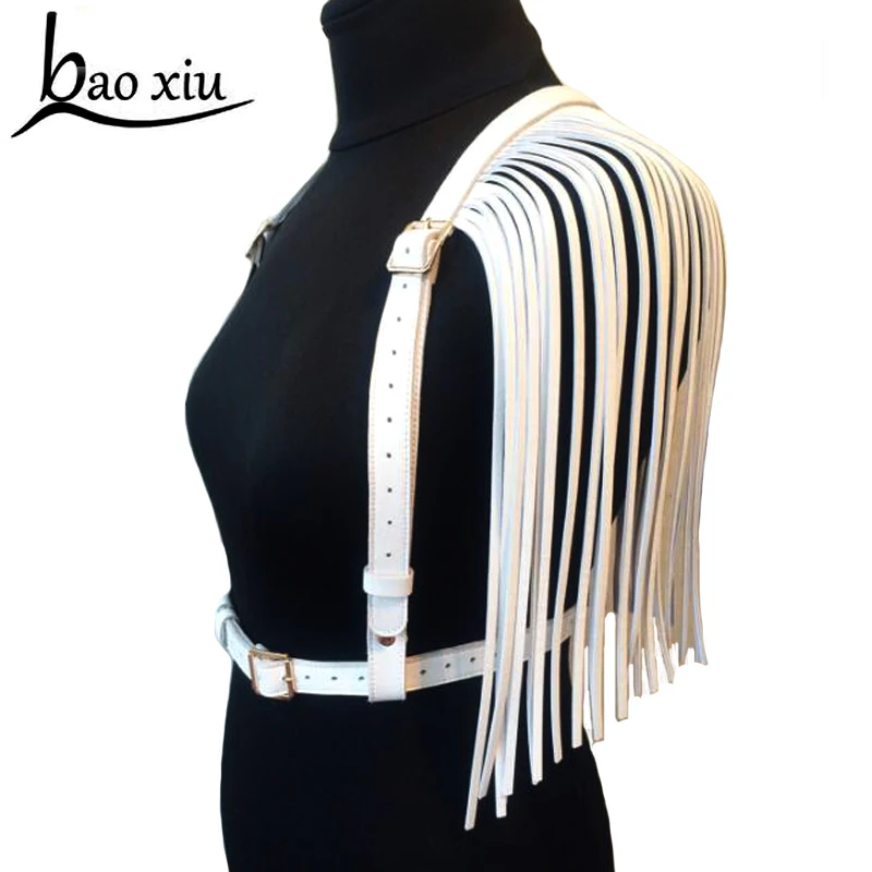 

Sexy club accessories Leather Handmade Harness double row Tassel Waist Belts Body Bondage punk Belt Straps Shoulder